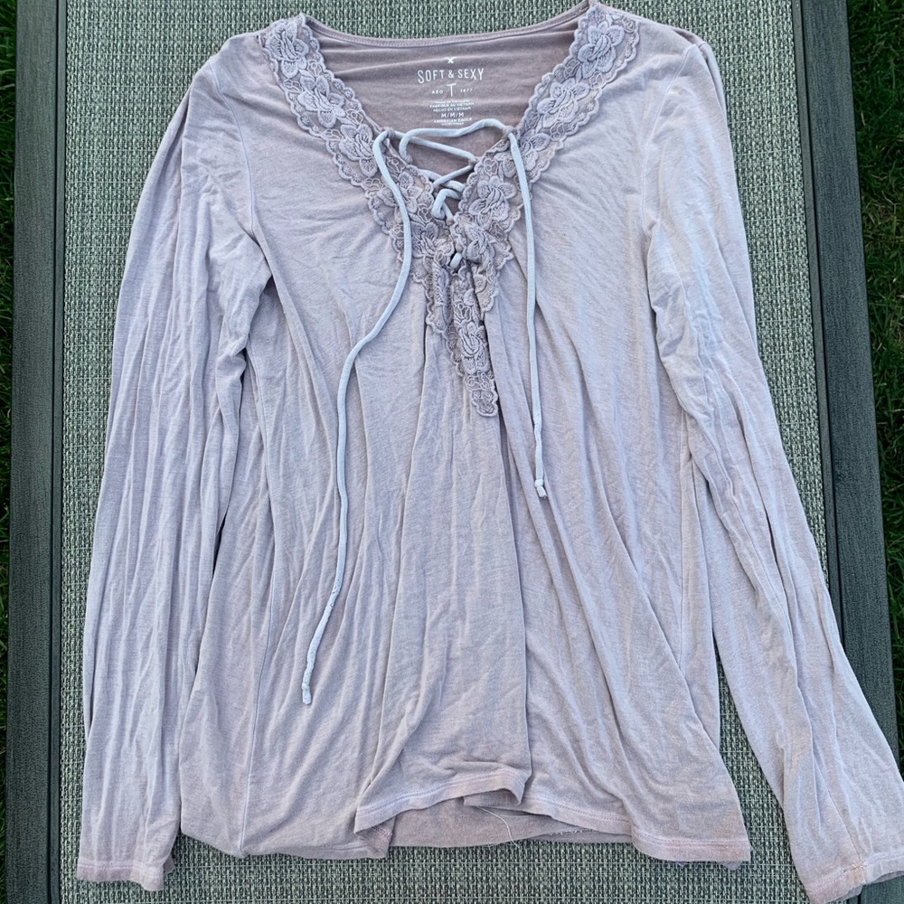 American Eagle Pale pink lace up top